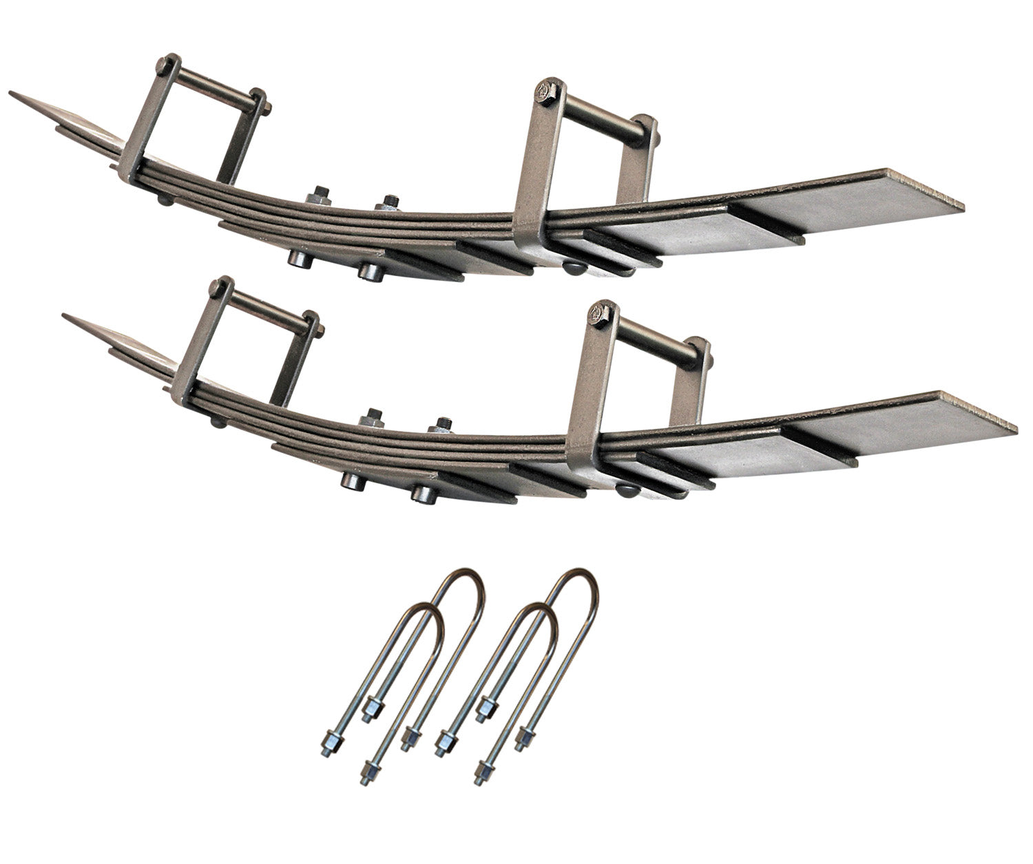 The image above displays two leaf springs with attached brackets, presumably designed for a suspension upgrade on a 03-18 Dodge RAM 2500/3500 Diesel (4WD). Positioned below the springs are three U-bolts, which may be used to fit a Carli Suspension Progressive Add-a-Pack that offers an additional 1" lift in vehicle height.