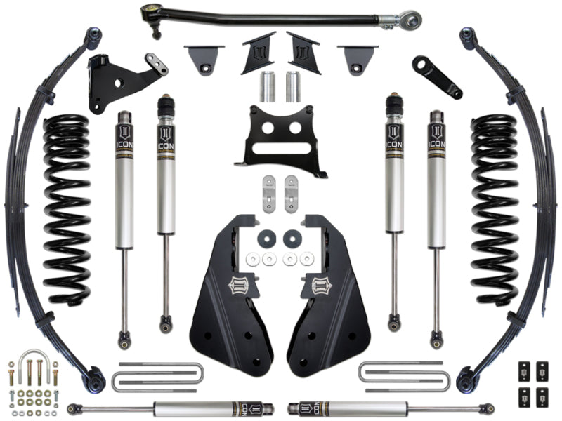 A set of automotive suspension components from ICON, featuring the ICON 2017+ Ford F-250/F-350 7in Stage 1 Suspension System, including shocks, springs, brackets, and various hardware, is displayed against a white background. These black and metallic parts are perfectly designed for the suspension system of Ford F250/350 Super Duty trucks.