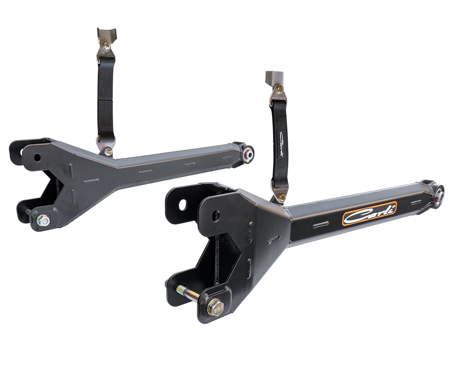 Two black metal fabricated radius arms with reinforced joints and Carli Suspension branded labels, designed for 23+ Ford F-250/F-350 (4WD) vehicle suspension systems with a 5.5" lift, are shown against a white background.