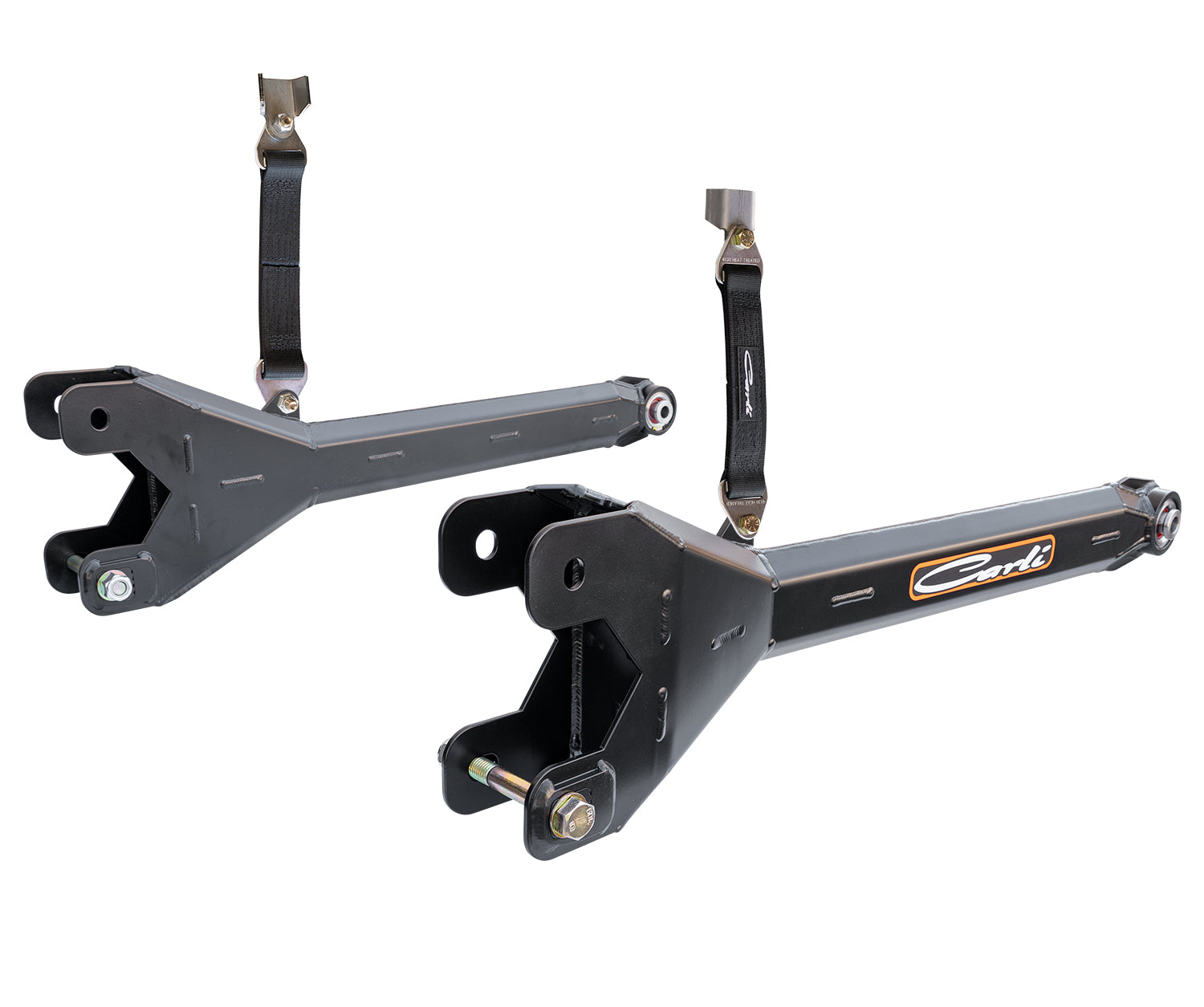 Product Description: Experience enhanced suspension with the Carli Suspension fabricated radius arms, expertly crafted for the 23+ Ford F-250/F-350 (4WD) with a 3.5" lift. These sleek black metal control arms boast visible bolts and bushings, along with a prominently displayed brand logo. Designed for durability and precision, they feature caster adjustable capabilities and consist of a Y-shaped end on one side and a flat end equipped with a bolt hole on the other.