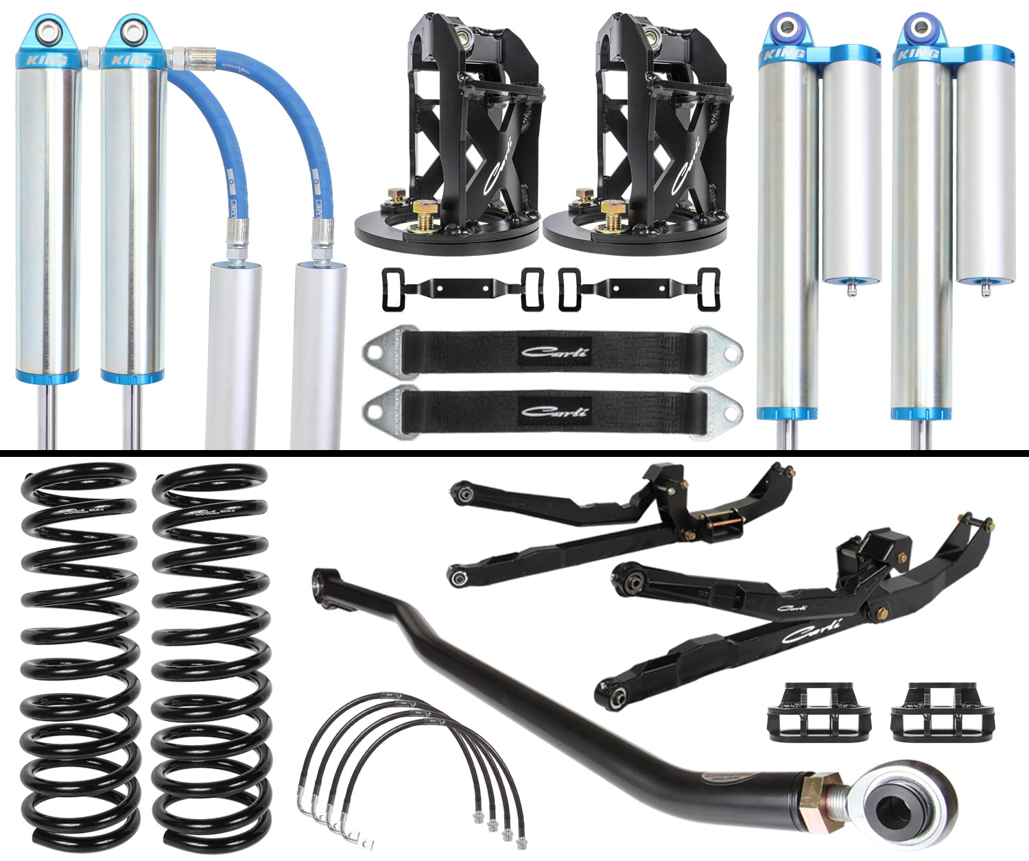 Introducing the Carli Suspension 12-13 RAM 2500/3500 (4WD) Diesel SRW 3.0" Lift Performance 2.5 Long Arm System, an off-road suspension kit equipped with coilover shocks, coil springs, control arms, and mounting brackets. This system features metallic finishes accentuated by blue and black highlights, engineered to elevate off-road performance and enhance durability.