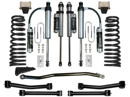 Image showcasing the ICON 03-08 Ram 2500/3500 4.5in Stage 5 Suspension System by ICON, with Aluminum Series shocks, coils, control arms, brackets, and hardware. All components are neatly arranged on a white background.