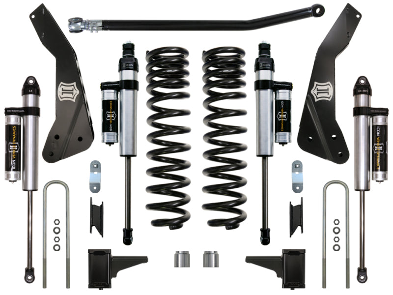 Image of the ICON 11-16 Ford F-250/F-350 4.5in Stage 3 Suspension System, featuring components such as dual rate coil springs, aluminum reservoir shocks, brackets, and mounting hardware, all neatly displayed on a white background.