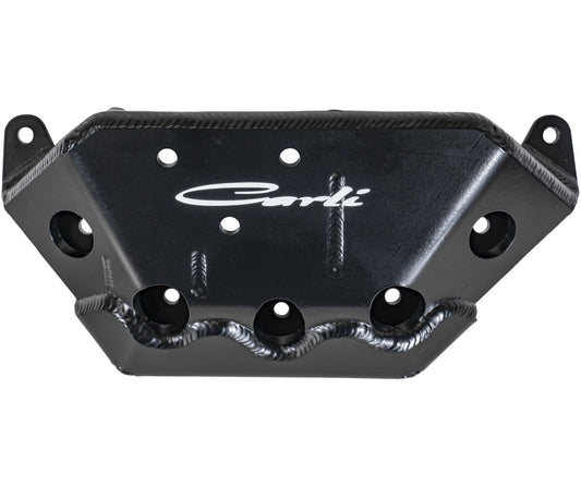 A black metal front differential guard with multiple holes, showcasing a white "Carli Suspension" logo. It features curved edges and is specifically designed for the suspension system of a 2003-2013 Dodge RAM 2500/3500 (4WD).