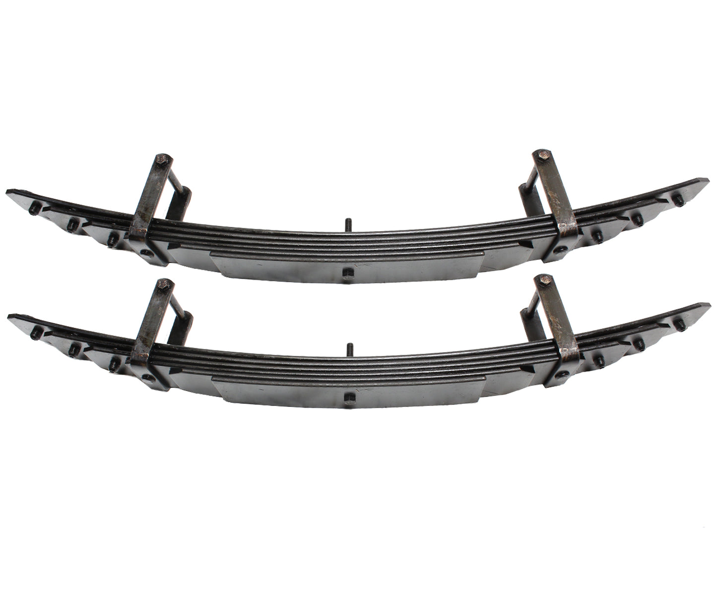 The 08-10 Ford F-250/F-350 (4WD) PROGRESSIVE ADD-A-PACK by Carli Suspension includes two parallel black leaf springs with clamps set against a white background. These essential components are integral to vehicle suspension systems, offering vital support and enhancing ride quality through effective shock absorption.