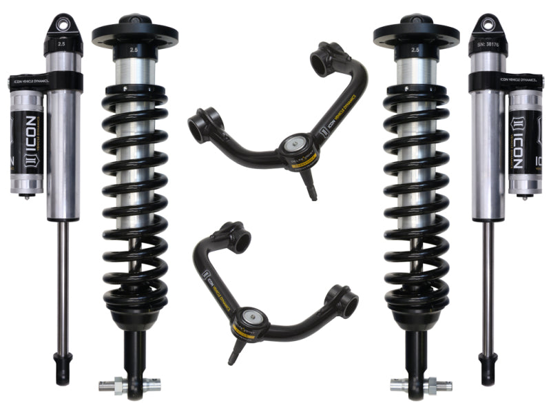 Image of the ICON 2015+ Ford F-150 2WD 0-3in Stage 3 Suspension System w/Tubular Uca, showcasing two coilover shocks on the left and right, and two Delta Joint upper control arms in the center. Known for their corrosion resistance, these ICON components are displayed on a white background.