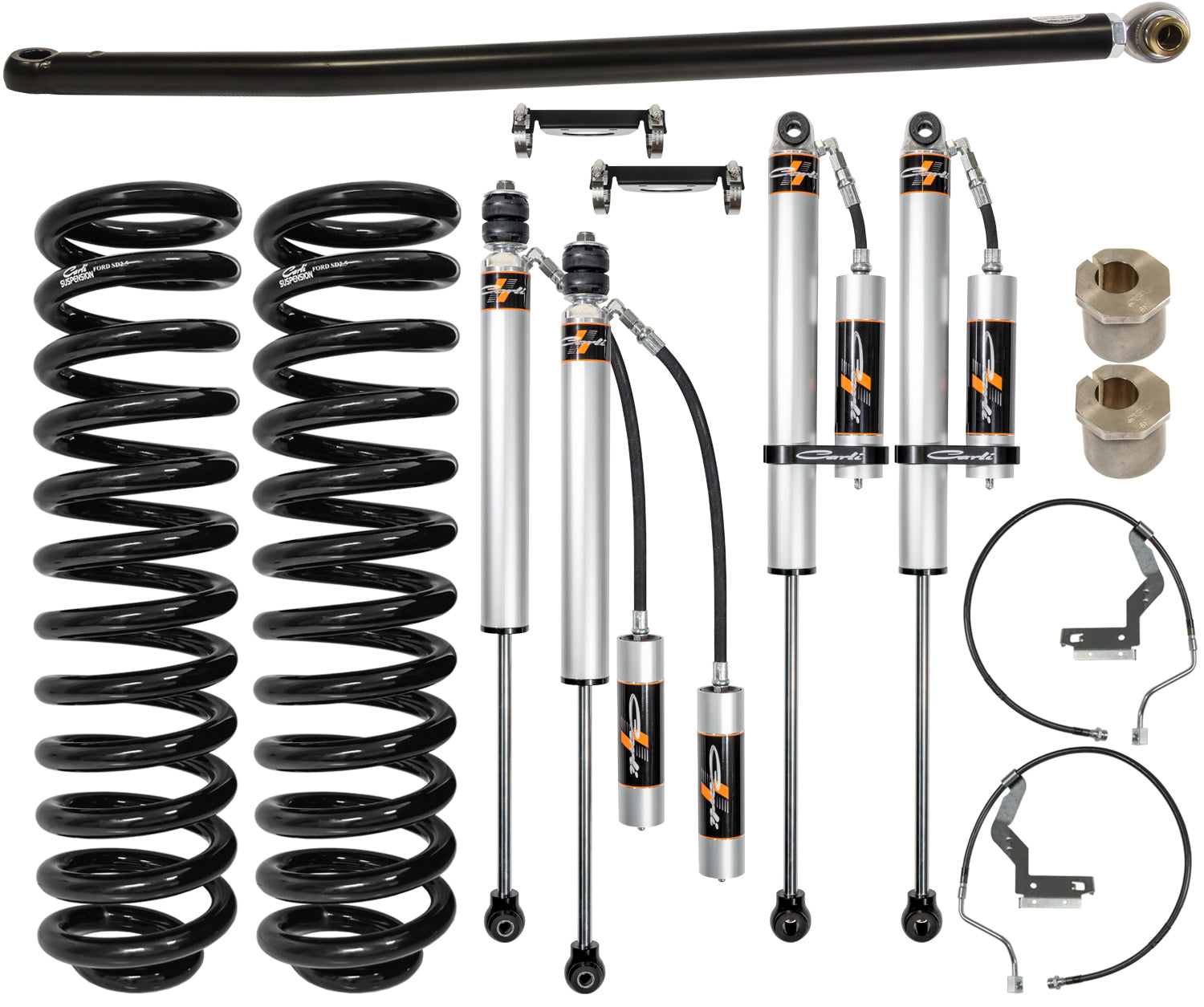 A collection of Carli Suspension's 05-07 Ford F-250/F-350 (4WD) Diesel 2.5" Lift Backcountry System components, featuring black coil springs and silver shock absorbers with hoses, a track bar, brackets, and accessories, arranged on a white background to enhance off-road performance.