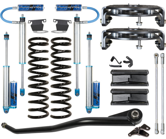 The Carli Suspension 14-23 Ram 2500 (4WD - Air) Diesel Air Ride 2.5" Lift Leveling Pintop System is specifically designed for Dodge Ram trucks and includes coil springs, shock absorbers, control arms, brackets, and assorted hardware. Arranged on a white background, this kit offers exceptional enhancement for air suspension systems.