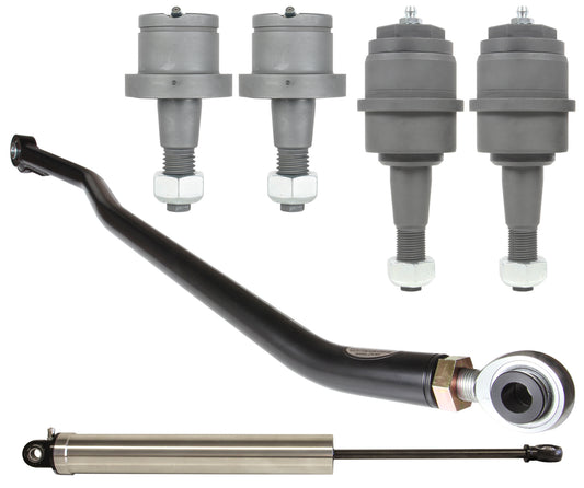 A collection of automotive suspension components from the Carli Suspension Front End Upgrade Kit for 03-12 Dodge Ram 2500 and 03-13 3500 (4WD), includes three gray ball joints, an elongated black control arm with a silver eyelet, and a metallic steering stabilizer damper. This T-Style Steering kit is displayed against a white background.