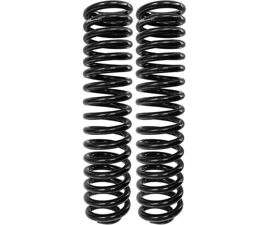 Two black Carli Suspension progressive coil springs stand upright side by side against a white background. These 05-23 Ford F-250/F-350 (4WD) diesel coil springs are identical in size and shape, featuring tightly wound loops, making them perfect for enhancing your vehicle with dependable performance by providing a 4.5"/5.5" lift.