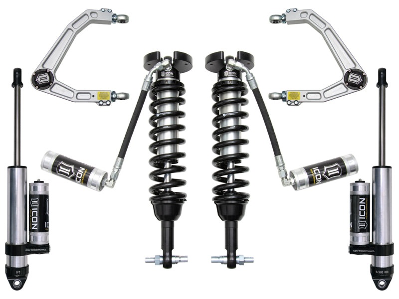 The image features the ICON 2019+ GM 1500 1.5-3.5in Stage 3 Suspension System with Billet UCA, highlighting its automotive suspension components such as shocks, coilovers, and upper control arms with outstanding corrosion resistance. These components are symmetrically arranged to emphasize the ICON branding and Delta Joint technology.