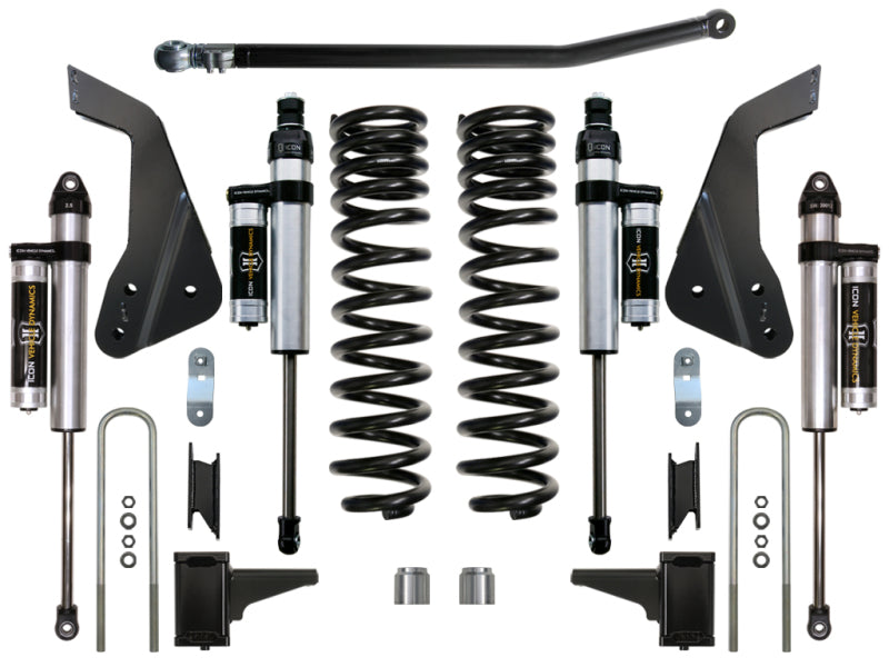 The ICON 08-10 Ford F-250/F-350 4.5in Stage 3 Suspension System includes ICON 2.5 Aluminum Series shocks and dual rate front coil springs, with brackets and U-bolts symmetrically arranged on a white background.