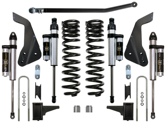 The ICON 08-10 Ford F-250/F-350 4.5in Stage 3 Suspension System includes ICON 2.5 Aluminum Series shocks and dual rate front coil springs, with brackets and U-bolts symmetrically arranged on a white background.