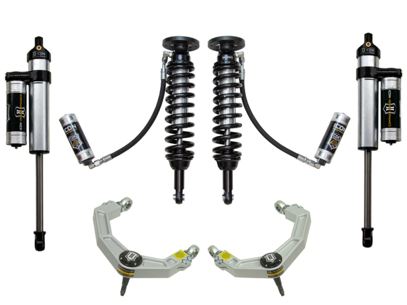 The ICON 09-13 Ford F-150 2WD Stage 4 Suspension System, offered by ICON, comprises two corrosion-resistant coilover shocks with attached canisters and two upper control arms equipped with Delta Joints, all symmetrically displayed on a white background.