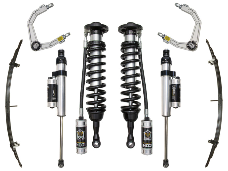 A set of vehicle suspension components, part of the ICON 2007+ Toyota Tundra 1-3in Stage 6 Suspension System with Billet UCA, includes corrosion-resistant coilover shock absorbers branded ICON, smaller shock absorbers, leaf springs, and upper control arms featuring a Delta Joint. All parts are arranged neatly against a plain white background.