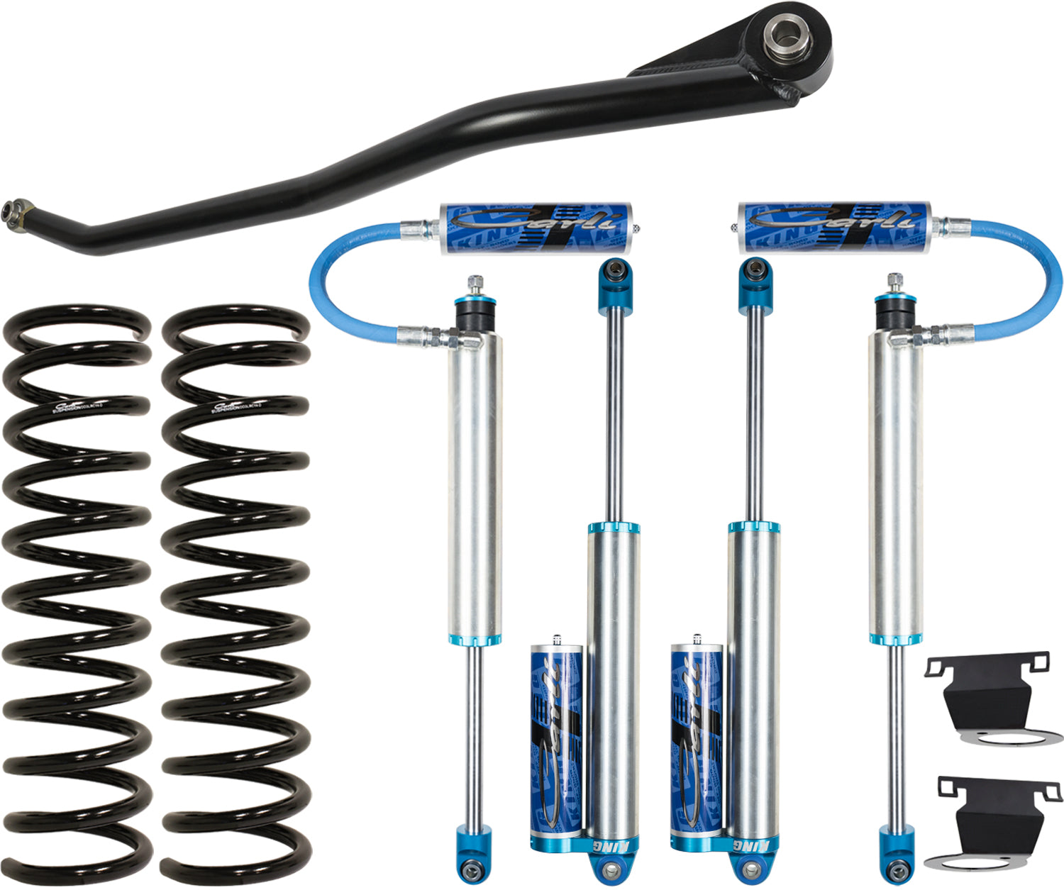 The Carli Suspension 13-23 Ram 3500 (4WD - Coil/Leaf) Diesel 2.5" Lift Leveling Pintop System includes coil springs, blue reservoir shocks, and a lift control arm with 2.5" brackets. The shocks feature blue anodized accents and connecting hoses, all displayed against a clean white background.