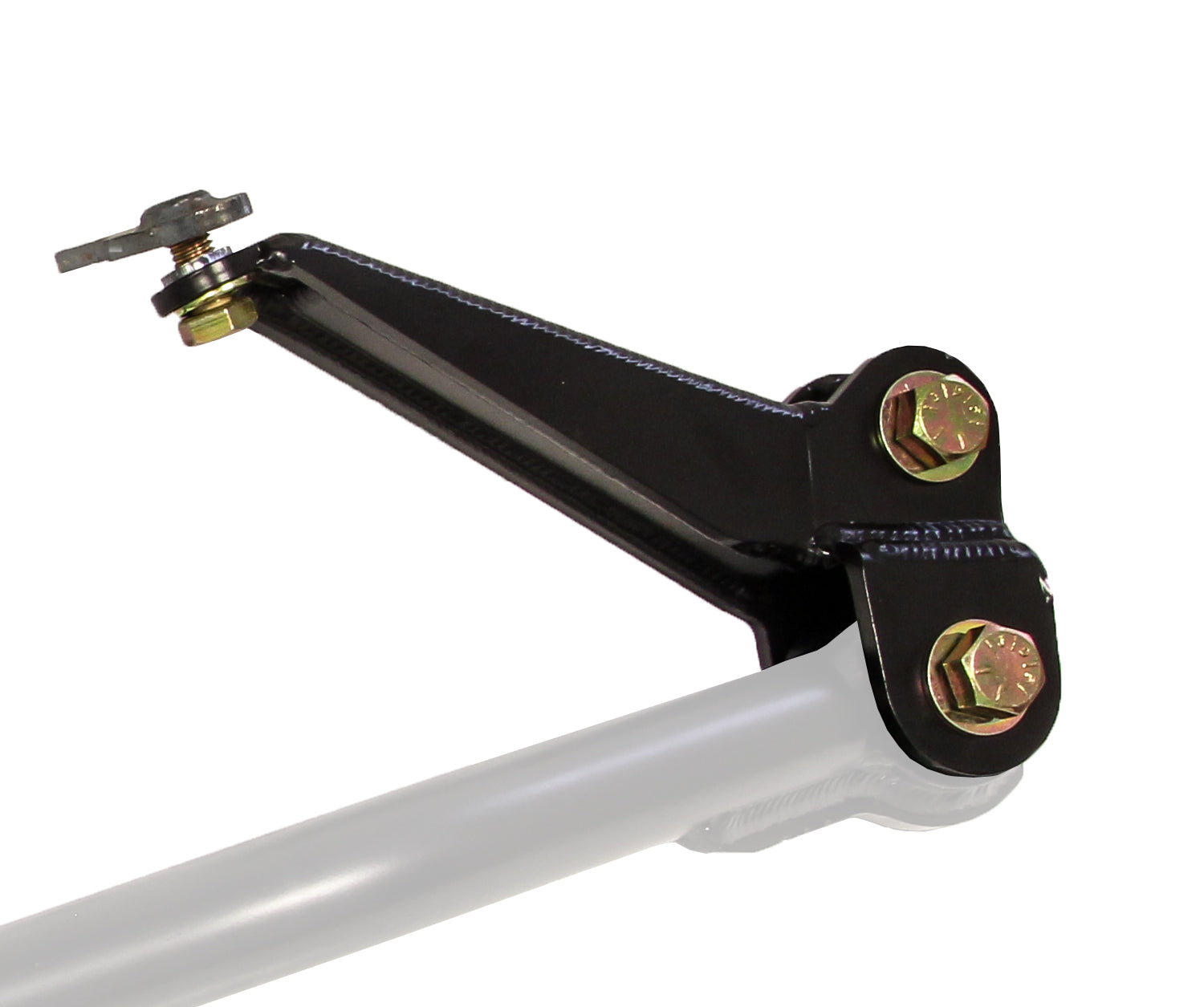 Close-up of a mechanical arm featuring a black metal bracket and gold-colored bolts, reminiscent of the robust design seen in the Carli Suspension 03-13 Dodge RAM 2500/3500(4WD) Track Bar Drop Bracket with a 6" lift. This arm, attached to a white piece, includes a metallic pivoting joint at the top and evokes the rugged functionality of this track bar bracket.