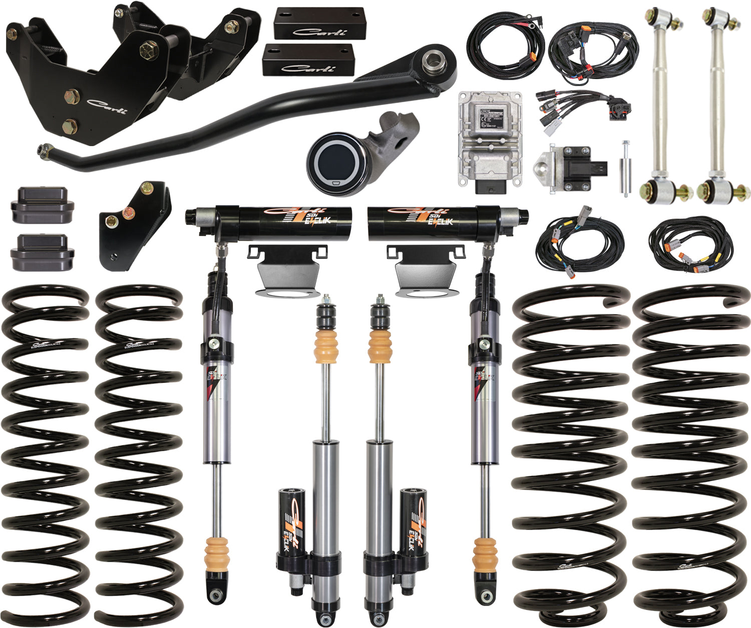 The Carli Suspension 19-23 Ram 2500 (4WD) DIESEL 3.25" Lift E-venture System is a premium suspension lift kit for RAM 2500 Diesel vehicles, including coil springs, shock absorbers, and control arms, with wires and hardware presented neatly against a white background.