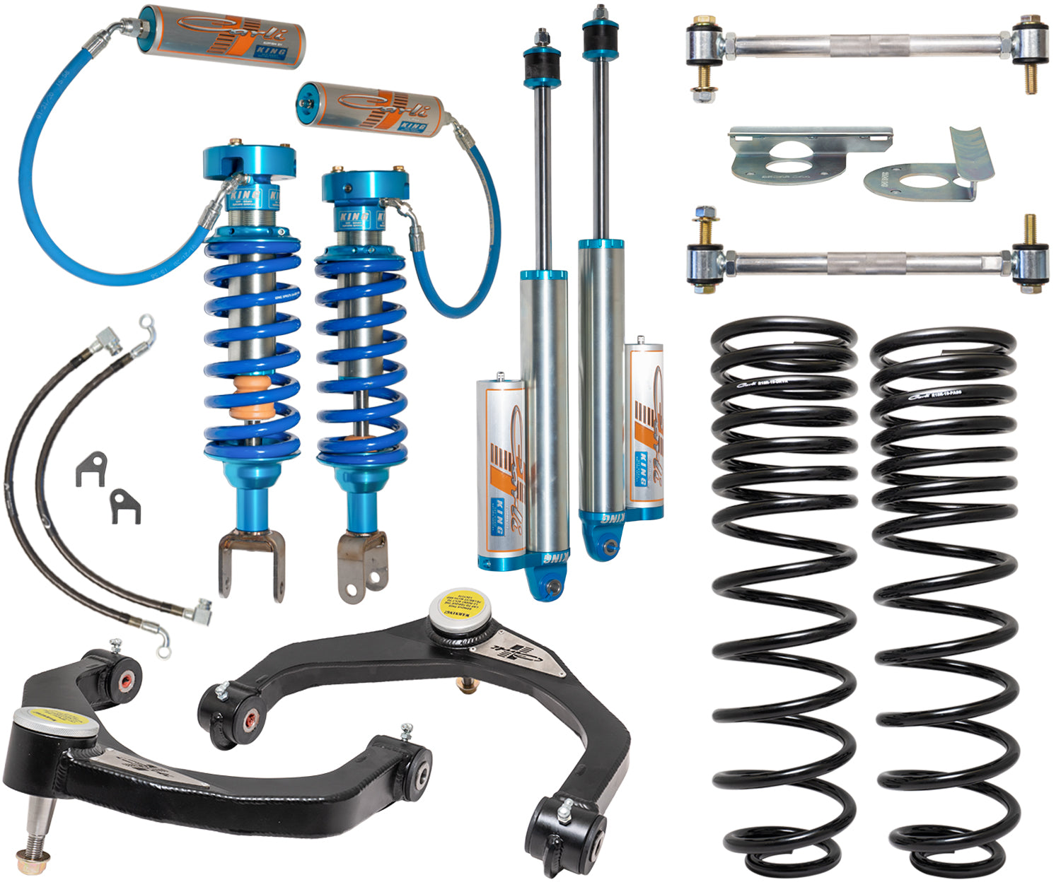 The image displays a set of automotive suspension components ideal for a Ram 1500. Highlighted are the Carli Suspension's features including coilover shocks with blue springs, shock absorbers, control arms, metal brackets, and black coil springs—all crucial elements of the 19-23 Ram 1500 (4WD - Coil/Coil) REBEL 2.5" LIFT PERFORMANCE SYSTEM HD for an exceptional suspension lift kit.