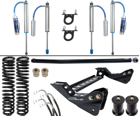 A set of off-road suspension components for a 4.5" lift on a 2005-2007 Ford F-250/F-350, featuring the Carli Suspension's Pintop System with shock absorbers equipped with blue hoses, black springs, mounts, brackets, and rods, all displayed on a white background.