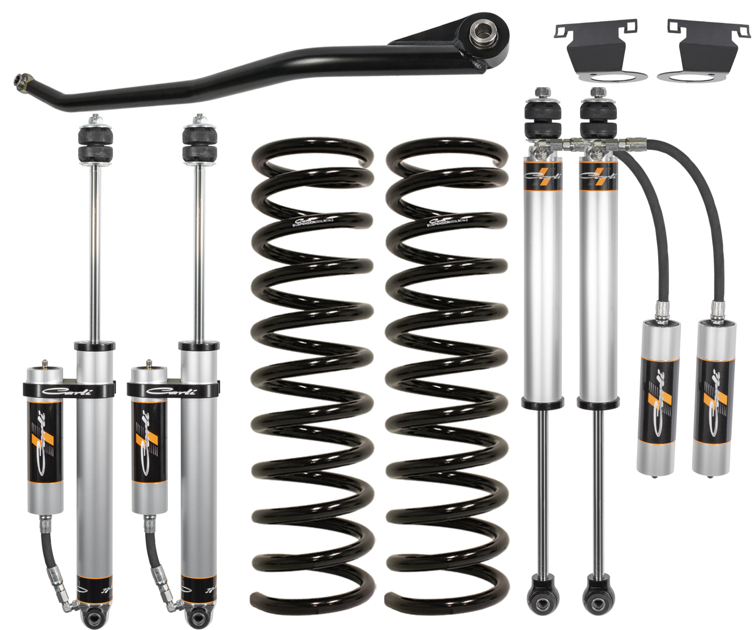 An arrangement of vehicle suspension components from the Carli Suspension 14-23 Ram 2500 (4WD - Coil/Coil) Diesel 2.5" Lift Leveling Backcountry System includes four silver and black shock absorbers with coil springs, a sway bar, and related hardware. These absorbers with tubing are ideal for boosting your Dodge Ram's performance.