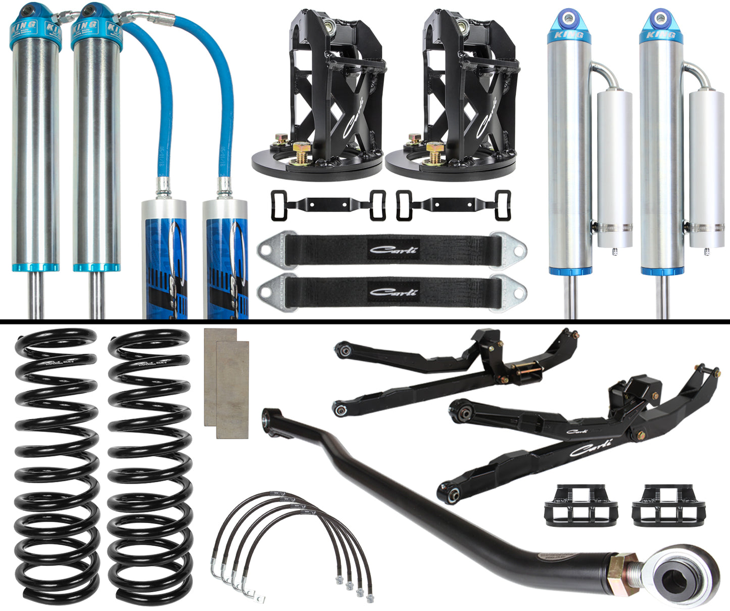 A collection of off-road vehicle suspension components is displayed against a white background, featuring Carli Suspension's Dominator Long Arm Suspension System for the 03-09 Dodge RAM 2500/3500 (4WD). This includes King 3.0 shocks and a suspension lift kit with coil springs, shock absorbers, control arms, and mounting brackets.