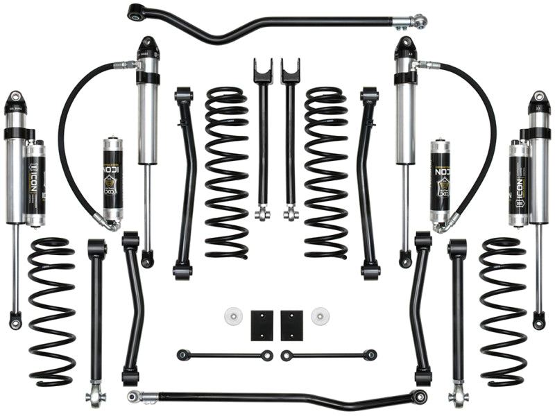 The ICON 2018+ Jeep Wrangler JL 2.5in Stage 8 Suspension System features a symmetrical arrangement of automotive components, such as shock absorbers, coil springs, sway bars, and mounting brackets. Designed to enhance performance, these parts predominantly showcase black and silver colors with visible ICON branding.