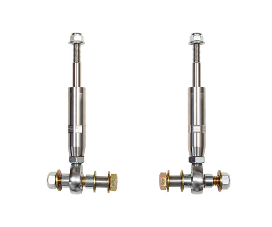 Two Carli Suspension extended sway bar end links, designed for 98.5-09 Dodge RAM 2500/3500 (4WD) models, are displayed vertically side by side against a plain white background. Each silver metallic link includes a threaded rod and joint assembly, perfect for those requiring an upgrade for a 3" front lift setup.