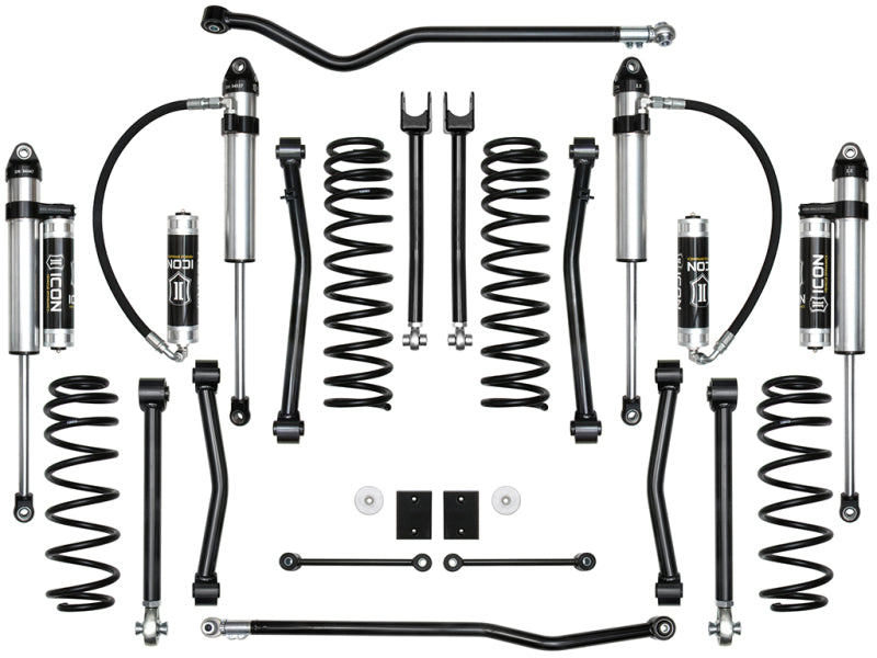 The ICON 2018+ Jeep Wrangler JL 2.5in Stage 7 Suspension System from ICON features a meticulously arranged set of coiled springs, shock absorbers, control arms, and sway bars. These black and silver components are engineered to enhance vehicle performance through a holistic approach.