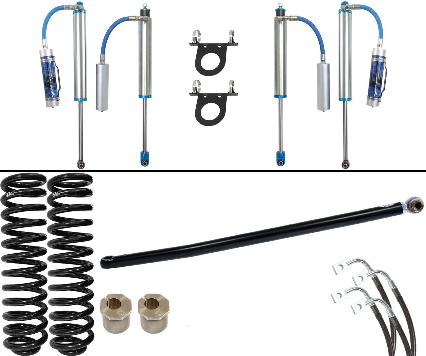 The Carli Suspension 05-07 Ford F-250/F-350 (4WD) Diesel 2.5" Lift Coilover System includes vehicle suspension components with King 2.5 remote reservoir shocks featuring blue tubing, two coil springs, brackets, and additional hardware. The coilover system layout displays various parts and connection pieces on a white background.