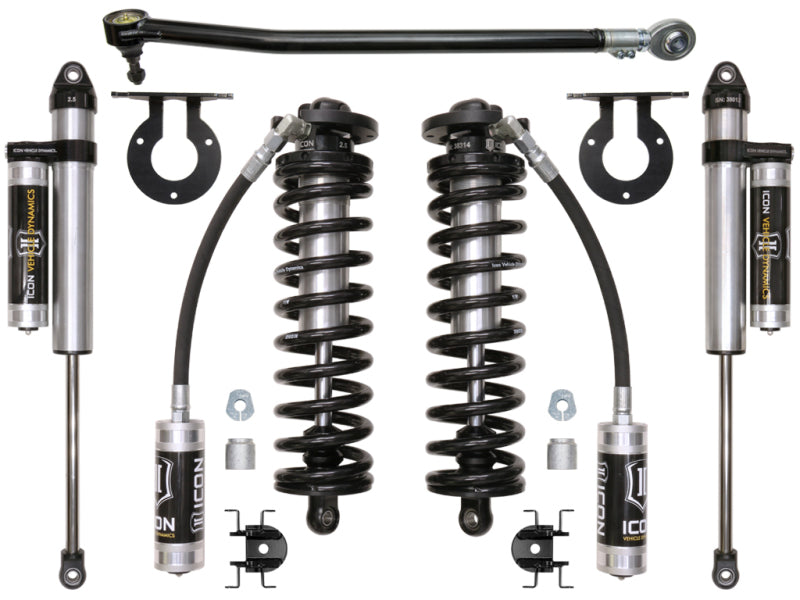 Introducing the ICON 2017+ Ford F-250/F-350 2.5-3in Stage 3 Coilover Conversion System, designed for F-250 and F-350 trucks. This kit showcases black coil springs and silver shocks with remote reservoirs, along with essential mounting brackets, all presented meticulously on a crisp white background.