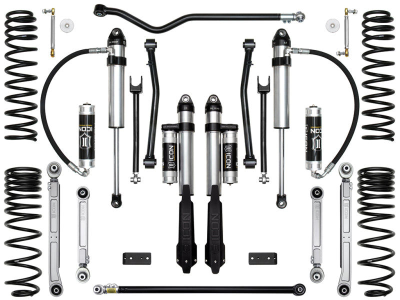 The ICON 2020+ Jeep Gladiator 2.5in Stage 7 Suspension System (Billet) is displayed on a white background with silver and black coil springs, shock absorbers, including ICON 2.5” shocks, and various metal components designed for off-road performance. Logos are visible on the parts.