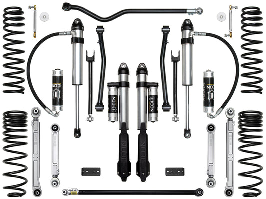 The ICON 2020+ Jeep Gladiator 2.5in Stage 7 Suspension System (Billet) is displayed on a white background with silver and black coil springs, shock absorbers, including ICON 2.5” shocks, and various metal components designed for off-road performance. Logos are visible on the parts.