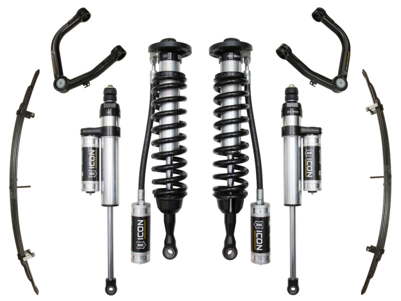 The ICON 2007+ Toyota Tundra 1-3in Stage 5 Suspension System w/Tubular Uca includes corrosion-resistant components such as two coilover shock absorbers, two upper control arms featuring Delta Joint technology, and two leaf springs. Each branded piece is symmetrically arranged on a pristine white background.