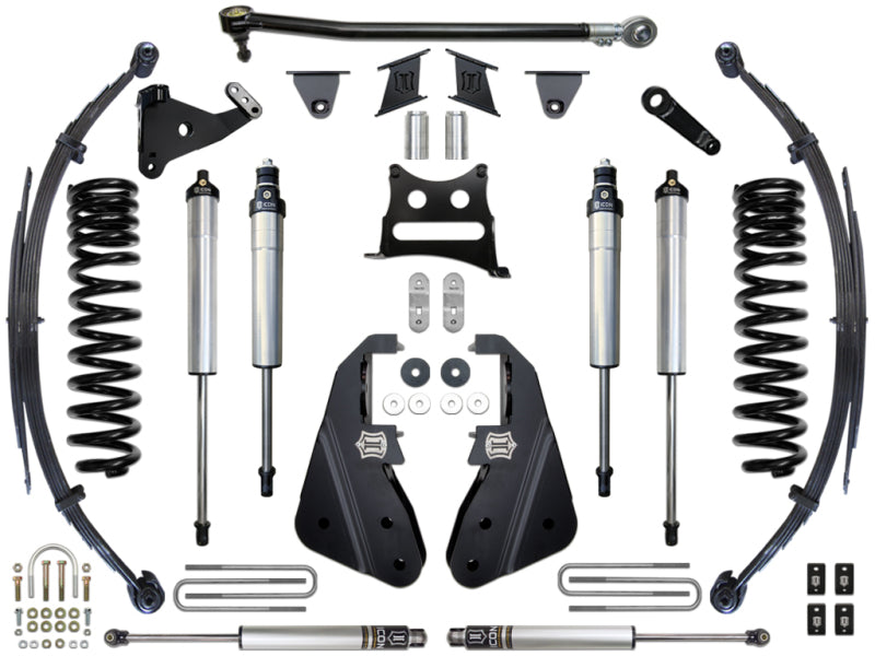 A selection of automotive suspension components, including the ICON 2017+ Ford F-250/F-350 7in Stage 2 Suspension System, is displayed on a white background. The parts are arranged symmetrically and neatly, perfect for enhancing your off-road adventure suspension setup.