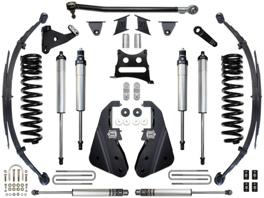 A selection of automotive suspension components, including the ICON 2017+ Ford F-250/F-350 7in Stage 2 Suspension System, is displayed on a white background. The parts are arranged symmetrically and neatly, perfect for enhancing your off-road adventure suspension setup.