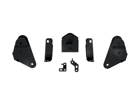 Discover a set of six black metal brackets designed specifically to elevate your ICON 22-23 Toyota Tundra Rear Box Kit. Presented against a white backdrop, these off-road driving components consist of two triangular pieces and four rectangular pieces, each with mounting holes crafted for tough terrains.