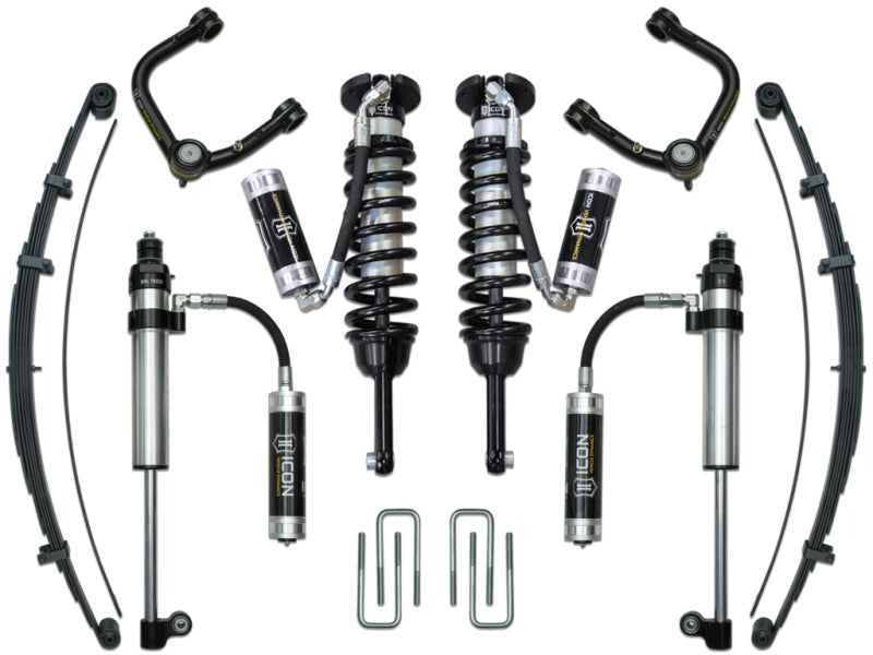 The ICON 05-15 Toyota Tacoma 0-3.5in/16-17 Toyota Tacoma 0-2.75in Stage 8 Suspension System with Tubular UCA from ICON includes two coilovers, four reservoir shocks, and tubular steel upper control arms that are corrosion-resistant. It also features two leaf springs, utilizes Delta Joint technology, and comes with four U-bolts, all neatly arranged on a white background.