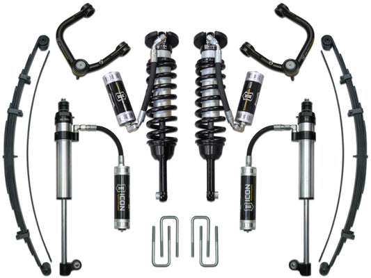 The ICON 05-15 Toyota Tacoma 0-3.5in/16-17 Toyota Tacoma 0-2.75in Stage 8 Suspension System with Tubular UCA from ICON includes two coilovers, four reservoir shocks, and tubular steel upper control arms that are corrosion-resistant. It also features two leaf springs, utilizes Delta Joint technology, and comes with four U-bolts, all neatly arranged on a white background.