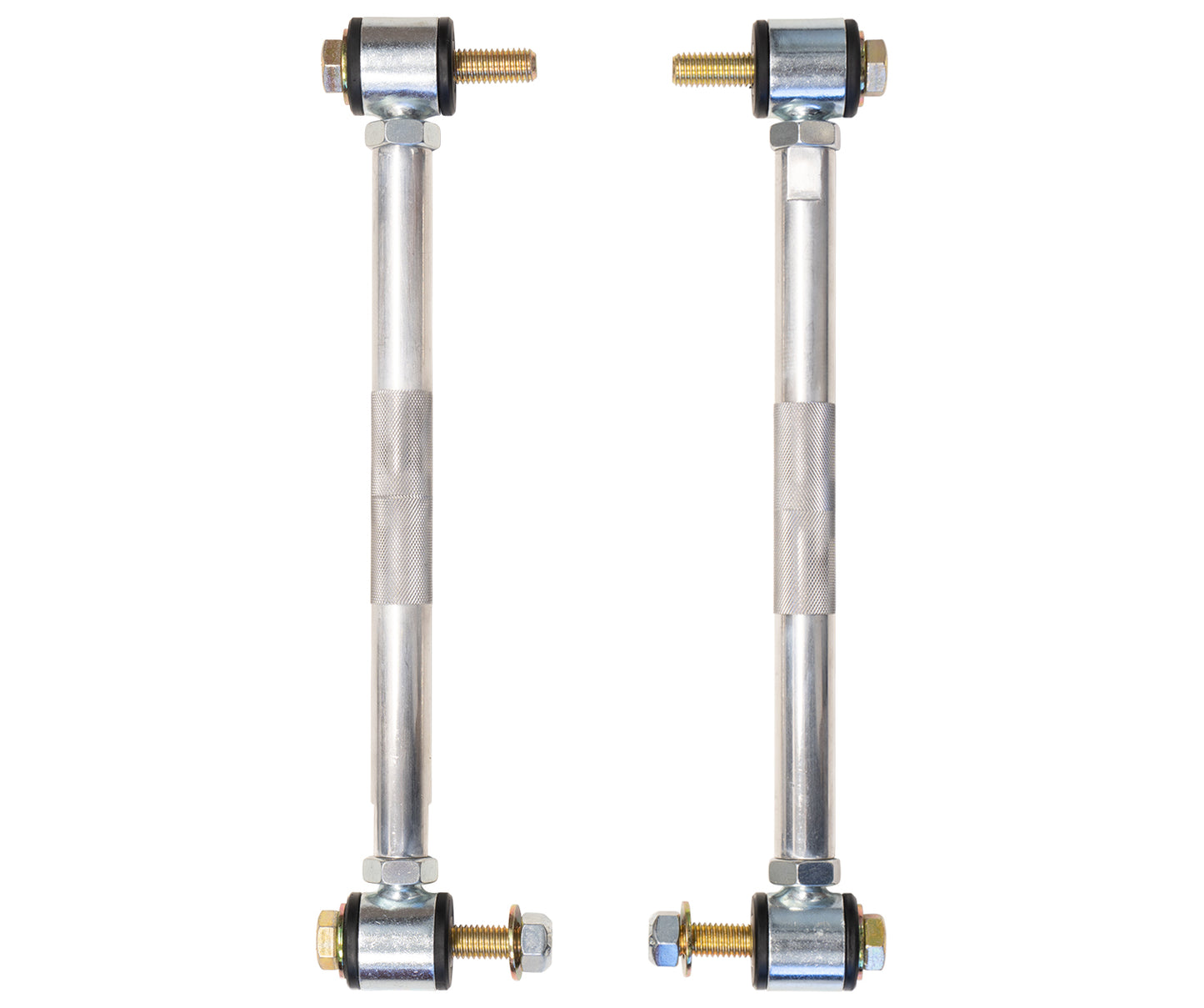 Displayed against a white background are two of Carli Suspension's extended rear sway bar end links for the 09-23 Ram 1500 (4WD - Coil/Coil). Each link resembles a stabilizer bar link and is equipped with threaded bolts and rubber bushings at both ends.