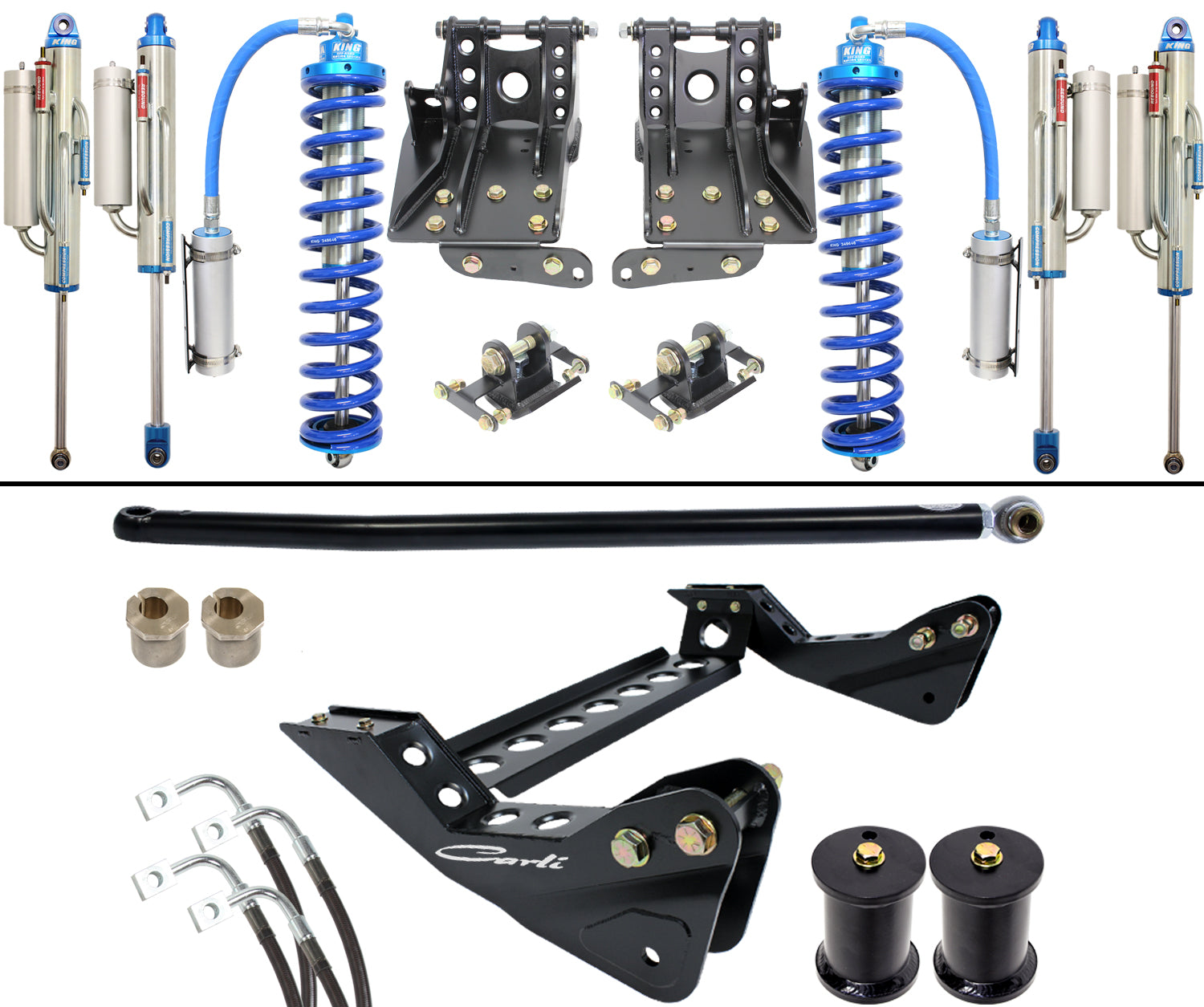 The Carli Suspension 05-07 Ford F-250/F-350 (4WD) Diesel 2.5" Lift Coilover-Bypass System includes a range of blue and silver suspension components such as shock absorbers, coil springs, and mounts. Additionally, black brackets and suspension arms are provided alongside various smaller parts to ensure a comprehensive setup.