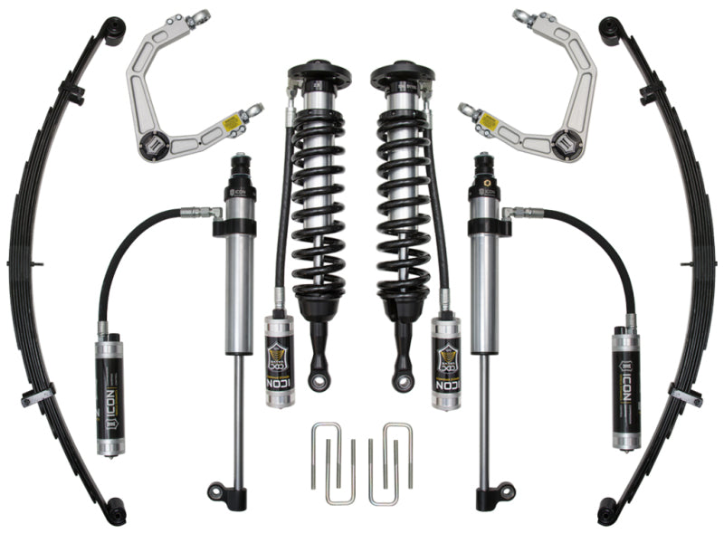 The ICON 2007+ Toyota Tundra 1-3in Stage 9 Suspension System w/Billet Uca by ICON features two coilover shocks and leaf springs, along with corrosion-resistant upper control arms and Delta Joint brackets, all symmetrically arranged on a white background.