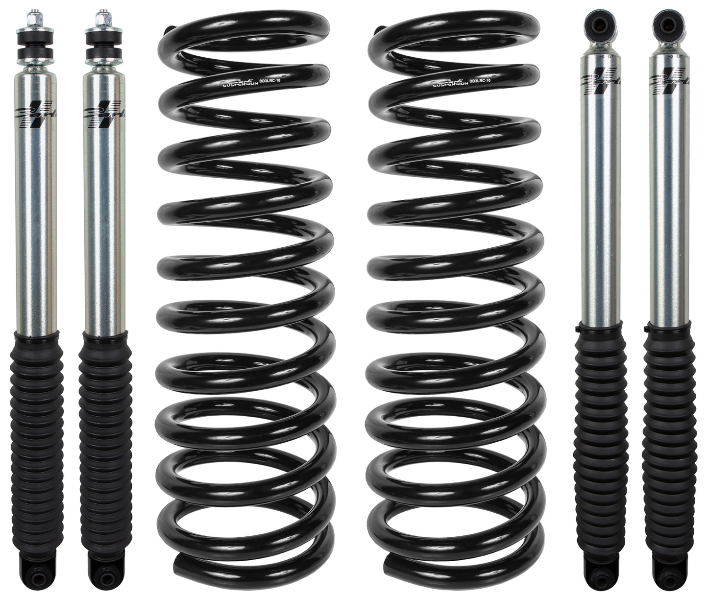 A set of four automotive suspension components from the Carli Suspension 10-13 Dodge, Ram 2500/3500 (4WD) DIESEL 3" LIFT LEVELING STARTER SYSTEM is neatly arranged, showcasing two coiled springs and two cylindrical shock absorbers with black and silver details. Ideal for enhancing your vehicle's performance as part of a Suspension Lift Kit or Carli Starter System, they are displayed on a pristine white background.