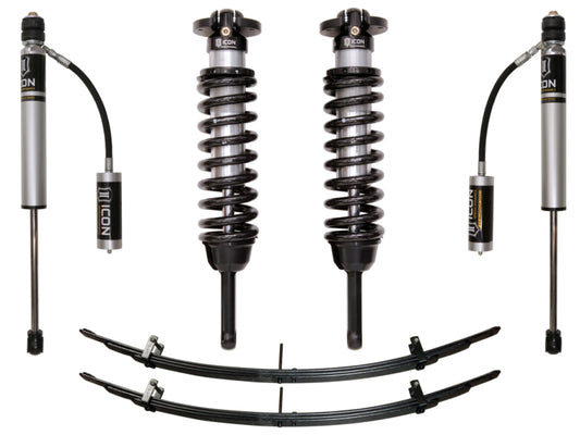 Image of the ICON 05-15 Toyota Tacoma 0-3.5in / 2016+ Toyota Tacoma 0-2.75in Stage 2 Suspension System, featuring two coilover shock absorbers and two leaf springs specifically designed for the Toyota Tacoma. The coilovers come with attached reservoirs, proudly exhibiting the iconic ICON brand logo, recognized for its exceptional off-road performance parts.