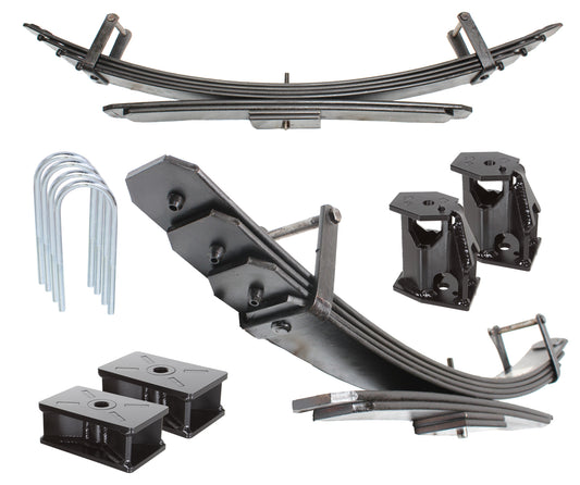 A collection of vehicle suspension components, featuring the Carli Suspension 17-23 Ford F-250/F-350 (4WD) Progressive Add-A-Pack for a 3" lift, complete with U-bolts and mounting brackets, all displayed on a white background. These metal parts boast a sleek black finish, engineered for maximum performance and durability.