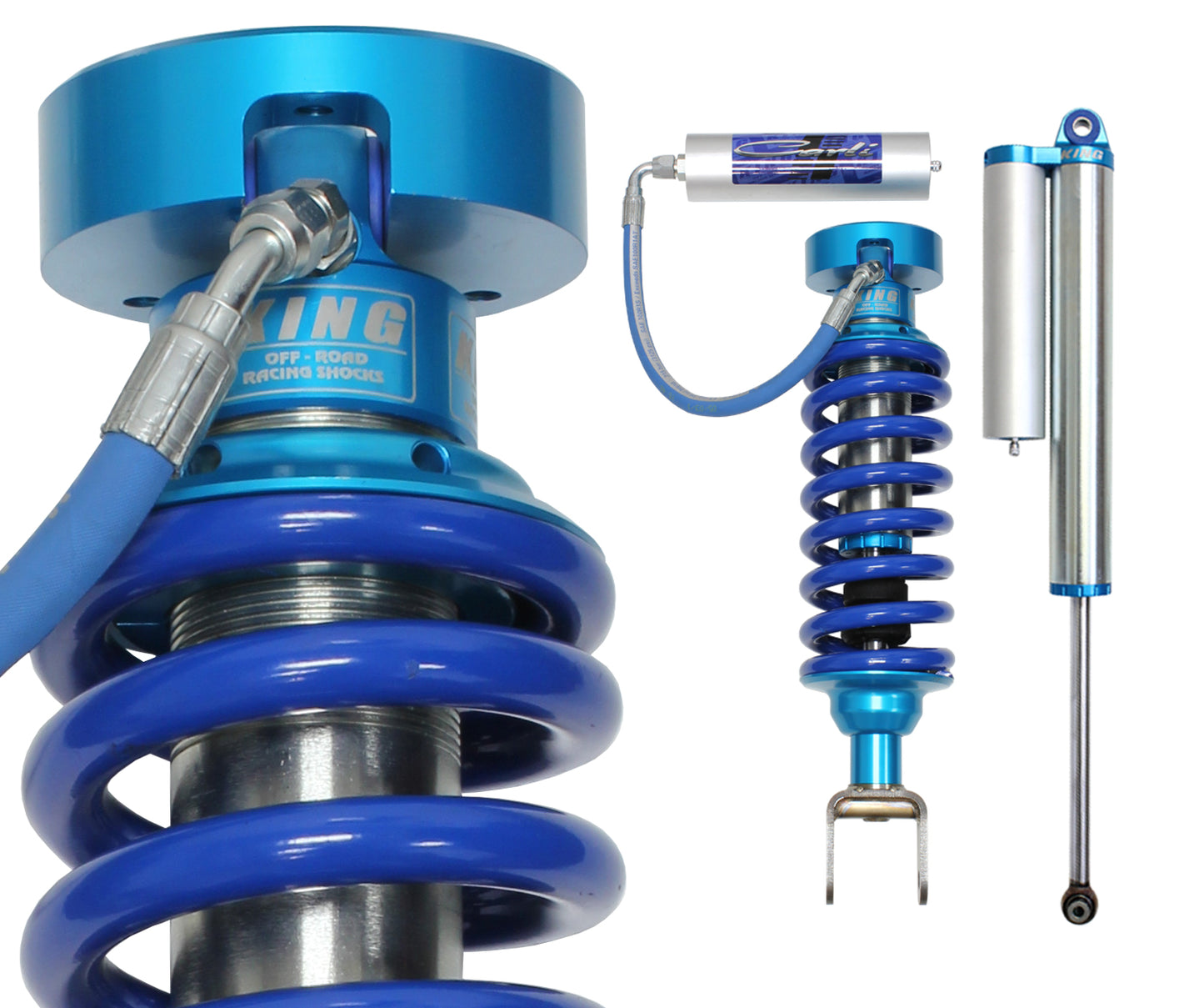 Close-up image of a blue Carli Suspension King 2.5" remote reservoir off-road racing shock absorber with a coil spring and attached reservoir, showcasing the Carli Tuned King Remote Reservoir 2.5 Shock Set's detailed metallic finish and robust construction, designed for dynamic performance in the suspension systems of 2009-18 Dodge Ram 1500 (5.7 - 4WD - Coil/Coil).