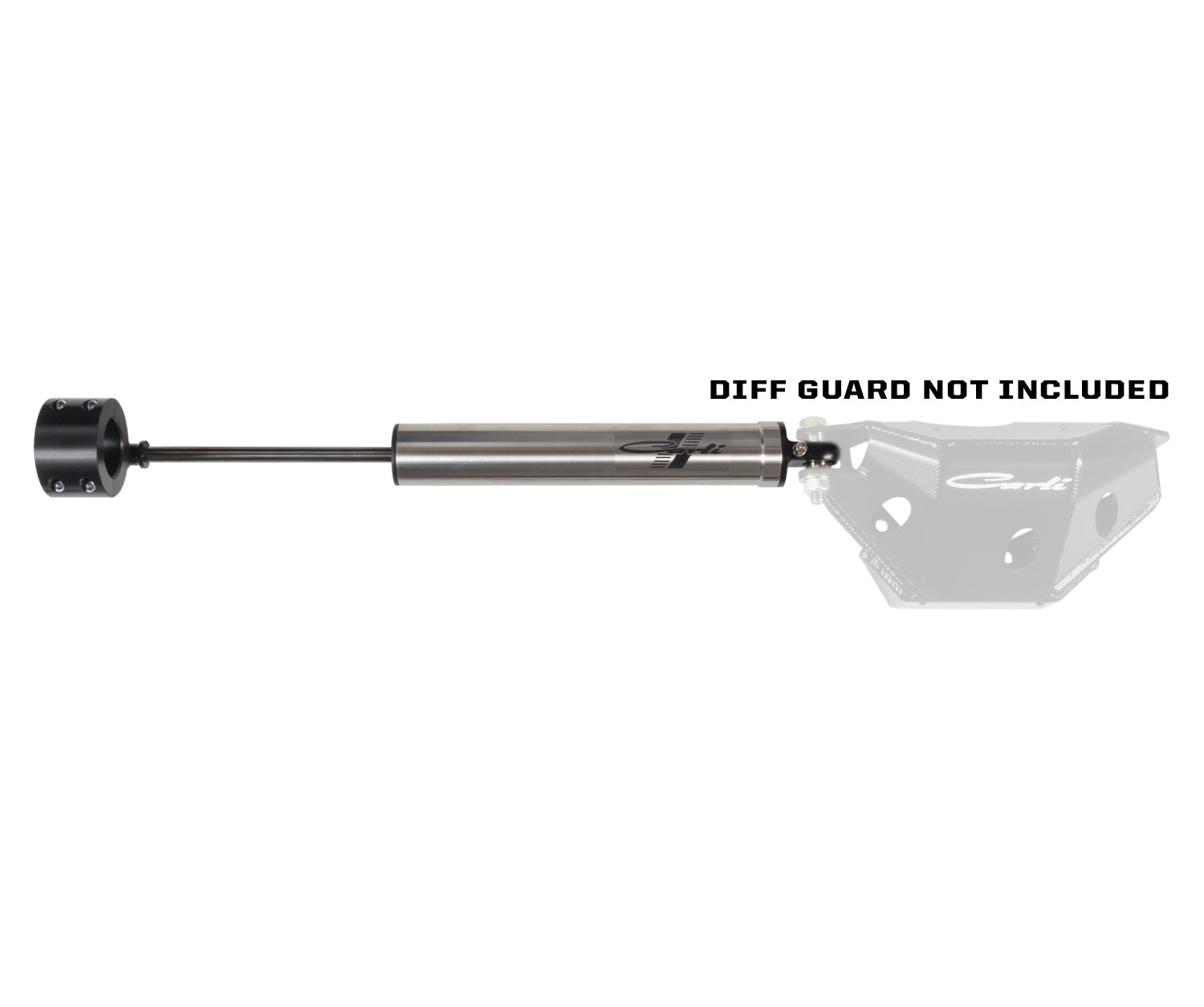 A horizontally positioned metallic hydraulic shock absorber, similar to a steering stabilizer, is depicted with a black attachment on one end. Overlaid text stating "DIFF GUARD NOT INCLUDED" appears over a faded image of the Carli Suspension front differential guard, tailored for 05-22 Ford F-250/F-350 (4WD) models.