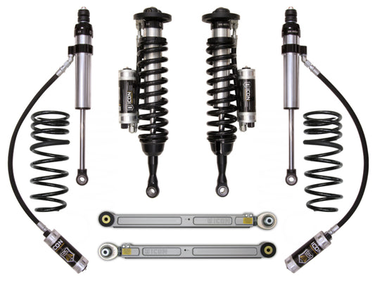 Image of the ICON 2008+ Toyota Land Cruiser 200 Series 1.5-3.5in Stage 4 Suspension System, featuring various components such as coil springs, shock absorbers with reservoirs, and control arms, all arranged symmetrically. This suspension system serves as an ideal upgrade for a Toyota Land Cruiser or any off-road vehicle. The parts are predominantly black and metallic with visible ICON brand logos.