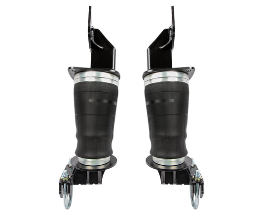 A set of black air suspension struts, specifically designed for a 17-22 Ford F-250 Super Duty (4WD) with a 3.5" axle tube, perfect for integrating into a long travel system. These struts from Carli Suspension feature a cylindrical design accented with metallic details and have mounting brackets on each end. They are displayed vertically side by side against a white backdrop.