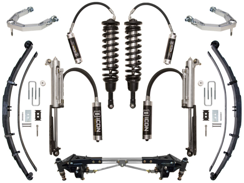 Elevate your ride with the ICON 10-14 Ford Raptor Stage 4 Suspension System. This premium kit, expertly designed for the Ford Raptor, comes complete with coil springs, shocks, leaf springs, and all necessary mounting hardware. Each component is showcased against a white background along with comprehensive installation instructions.